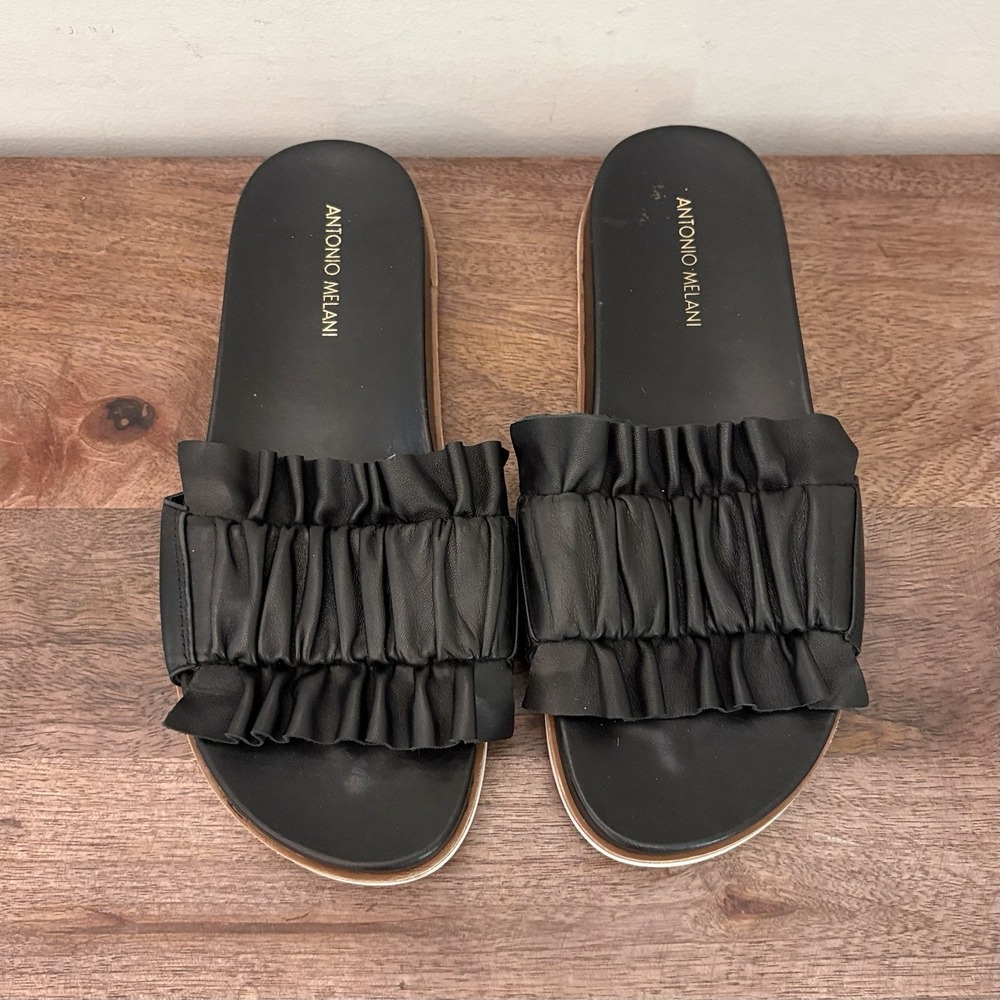 Antonio Melani Black Leather Ruffle Slides Ruched Flat Sandals Shoes Womens 6.5